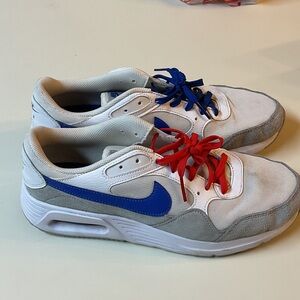 Nike White Sneakers with Blue Swoosh and Red/Blue Laces
